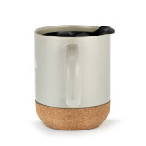 Side handle view of a gray cork bottom mug with a black travel lid. The mug says "Life is What you Lake of It" and has the image of an RV in the wilderness.