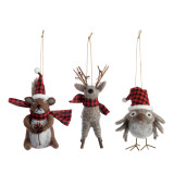 Set of three felt woodland animal ornaments. There is a squirrel, a reindeer and owl. They are accented with either a scarf or hat in black and red plaid.