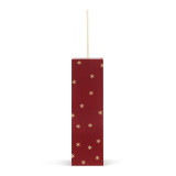 Profile view with gold stars on it of a lit wood holiday lantern with dark red front that says "May Your Nights Be Bubbly and Bright" with a rope handle at the top.