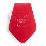 View of the red back and "Christmas Wishes" pocket on the back of a white knit and felt pillow shaped like Santa's face with a red Santa hat.