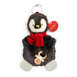 A dark gray and white penguin teether buddy wearing a red scarf and earmuffs. The teether has a stroller ring at the top, displayed with product tags attached and the paws in front to show the pacifier attachment.