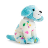 A pale blue and white plush German shorthaired pointer with colorful polka dots on its body, displayed angled to the right.