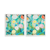 Two biodegradable dish cloths with a pink and green floral pattern. The artwork is inspired by ArtLifting artist Alicia Sterling Beach.