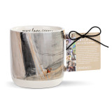 A white ceramic mug with artwork created by ArtLifting artist Charlie French of gray and brown paint strokes. The mug says "peace love coffee" in the inner rim, displayed with a product tag attached.