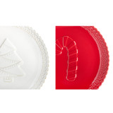 Detail view of the edges of two mini ceramic cookie plates each with a scalloped edge. One is red with a candy cane and the other is white with a Christmas tree.