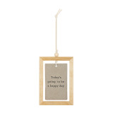 Back view with the saying "Today's going to be a happy day" on a hanging cream ceramic plaque with a sun and the saying "happy day" suspended inside a light wood open frame.