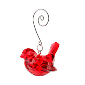 A delicate red faux crystal bird ornament with a silver hook.