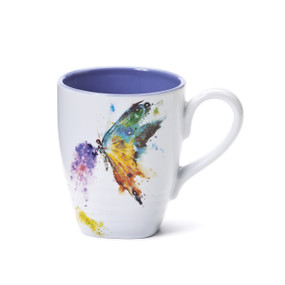 White coffee mug with multi-color butterfly print - purple center