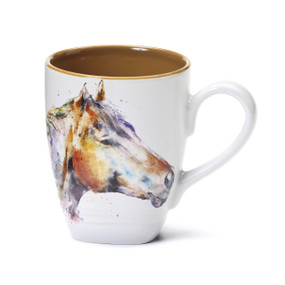 Side view of white mug with rainbow horse printed face on it