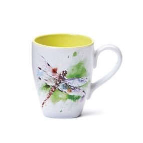 A white ceramic mug with a yellow interior and a watercolor dragonfly on the front.