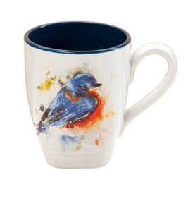 White coffee mug with blue/orange bird print - inside of cup is navy