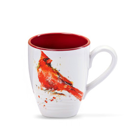 A white ceramic mug with a red interior and a watercolor cardinal on the front.