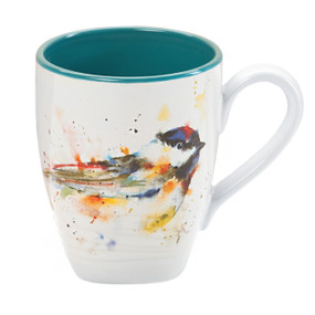 A white ceramic mug with a teal interior and a watercolor chickadee on the front.