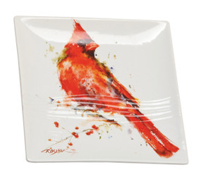 White platter with red cardinal bird painted on - artists signature in left corner in red