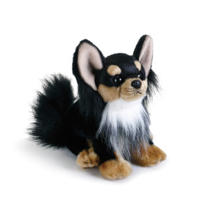 Black stuffed dog animal with large ears and white beard