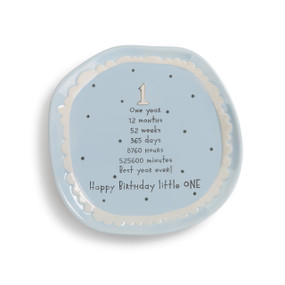 Blue, round plate with yellow decals around rim, gray polka dots, and gray lettering. Number "1" is yellow