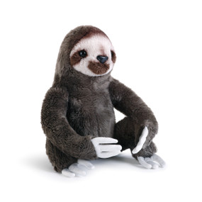 Dark grey stuffed animal with brown/white face and white claws sitting up