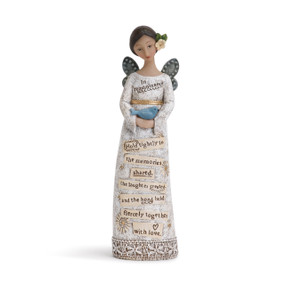 Small brunette angel figurine with white dress and grey wings