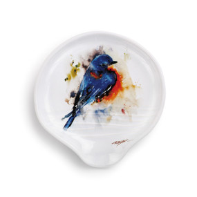 White serving platter with blue hummingbird centered