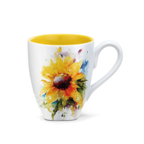 A white ceramic mug with a yellow interior and a watercolor image of a sunflower on the front.