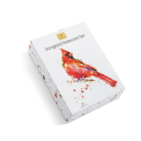 White Songbird Notecard Set - red cardinal centered - splatter paint all over book