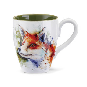 White mug with orange fox against multi-color splatter paint centered on mug - inside of it is dark green