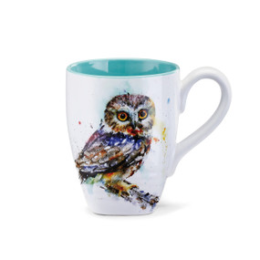 White coffee mug with brown owl sitting on branch multi-color print, cup is blue on the inside