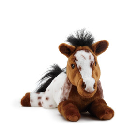 Small brown/white stuffed horse animal with black mane and tail - laying down