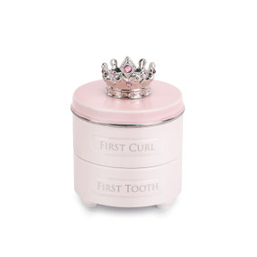 Small light pink jar with 'first curl' and 'first tooth' carved in - silver pink crown on the top