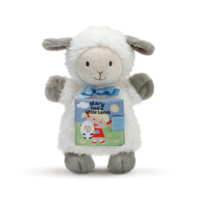Small white and grey stuffed lamb standing up with 'mary had a little lamb' book attatched to its tummy