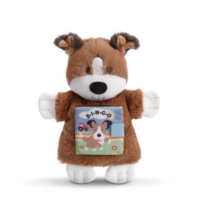Brown standing stuffed dog animal - 'bingo' book attatched to its tummy