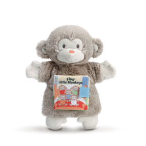 Grey standing stuffed monkey with 'five little monkeys' cloth book attatched to its tummy