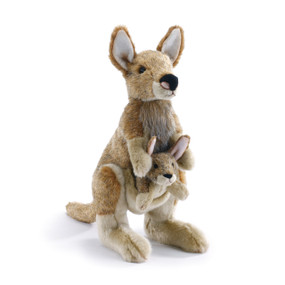 Stuffed tan kangaroo holding baby kangaroo in pocket