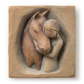 Flat square olive-colored plaque with bas-relief carving of female with arms around the neck and head of brown horse