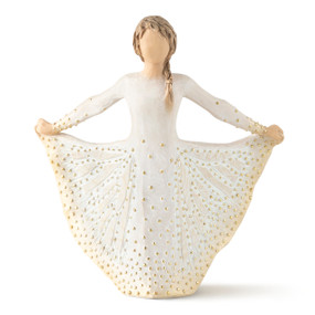 Brunette angel figurine in white dress with gold embellished diamonds