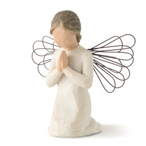 Front view of kneeling female angel figure in cream dress with wire wings, hands in prayer position
