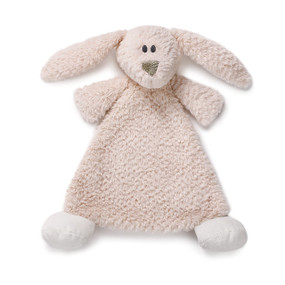 Dusty pink bunny blanket with triangular body has white feet and a brown triangle nose