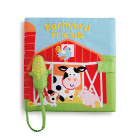 Barnyard friends' printed on image of red barn with cow, dog, pig, corn stalk front cover of book