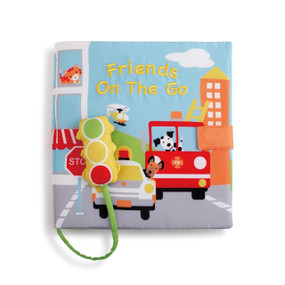 Friends on the go' surrounded by firetruck and police car - front cover of baby book
