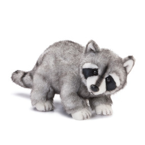 Stuffed grey racoon animal standing up