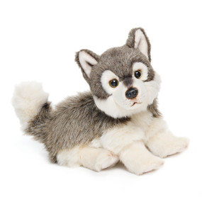 Set of two stuffed grey/white dog animals laying down