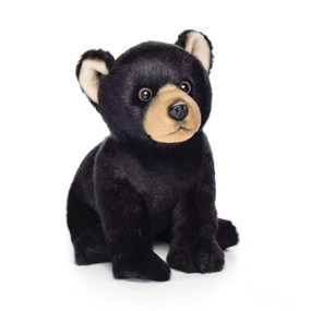 Two stuffed black bears with light brown mouths walking towards each other