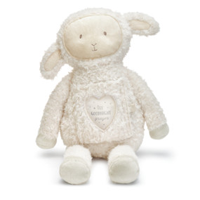 White sitting stuffed lamb with our goodnight prayer carved in tan heart