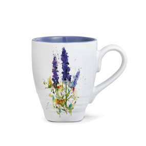 A white ceramic mug that has a watercolor image of a lavender plant and the mug has a purple interior.