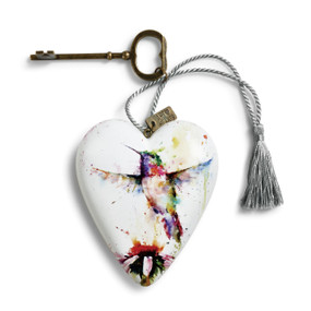 White heart pendant with multi-color hummingbird print, attatched to gold ket