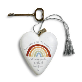 White heart with you are a little miracle above rainbow, our wonderful perfect rainbow below, attached to brown key