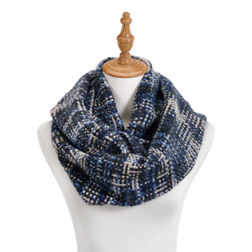 Navy, white, black print scarf around mannequin