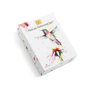 Front overview of white box with splatter rainbow printed birds on it - nature notecard set