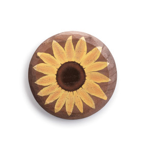 Wooden magnetic sunflower token with brown wood around edges