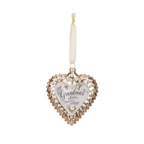 Silver heart hanging ornament with white center and 'grandma' in black